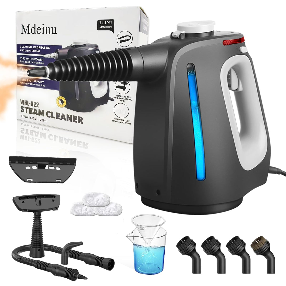 Mdeinu pressurized handheld steam cleaner front view showing compact versatility for home cleaning