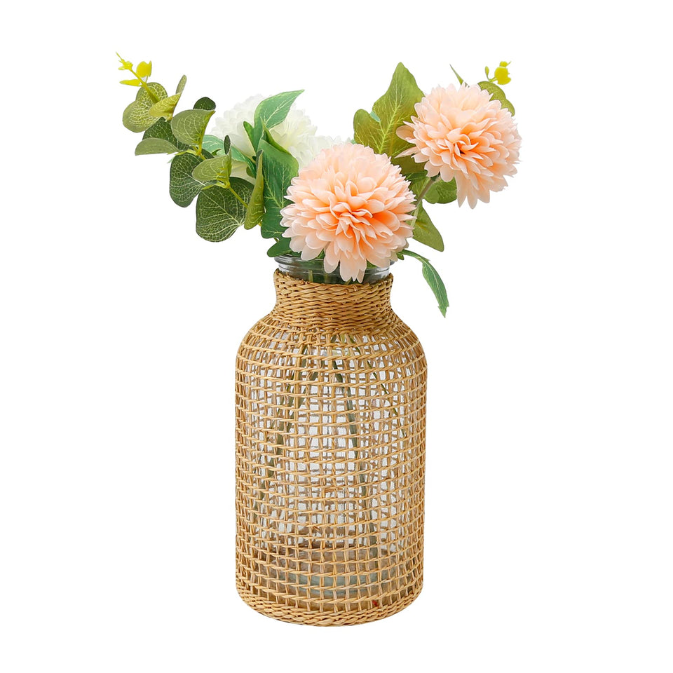 MDEOOSKY Straw Woven Glass Vase front view for Boho chic centerpiece ideas