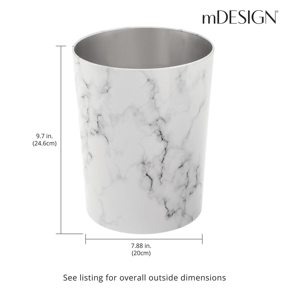 MDesign durable stainless steel trash container resists dents while staying sleek.