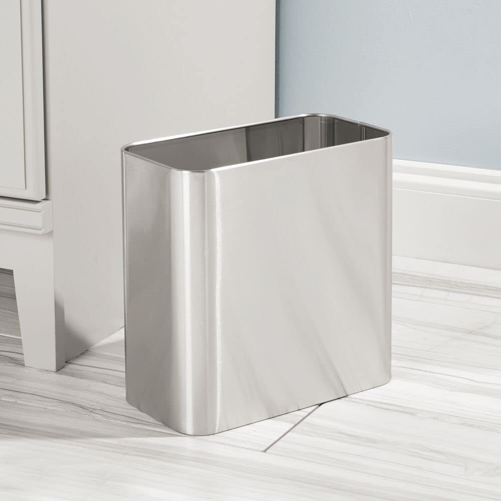mdesign Mirri brushed chrome trash bin side view showing slim profile