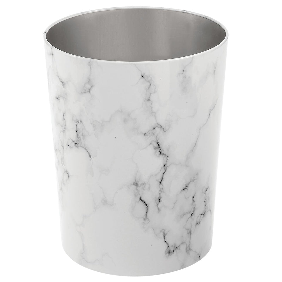 MDesign round metal small 1.7 gallon trash can with compact footprint for bathrooms.
