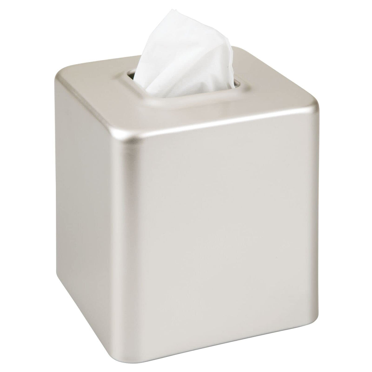 MDesign steel square tissue box cover with satin finish for a sleek bathroom vanity.