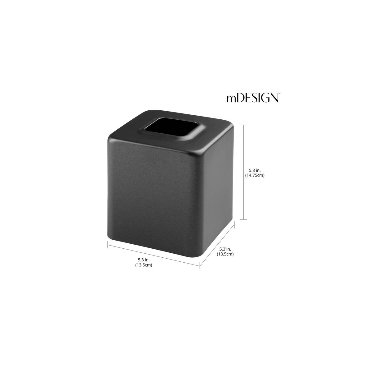 Mdesign black square tissue cover complements any room while organizing supplies.