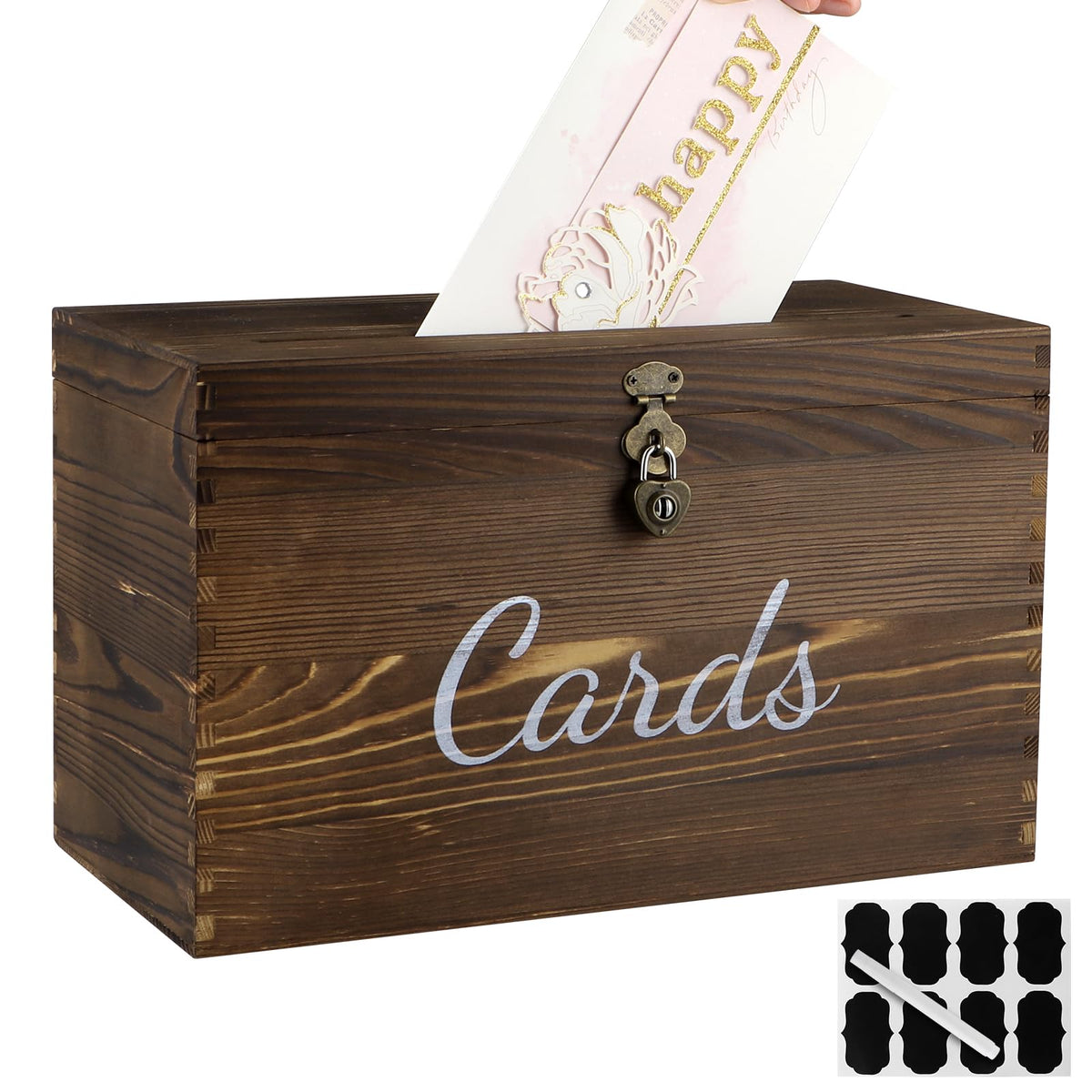 MDLUU wood wedding card box front view with rustic design and 'Cards' label