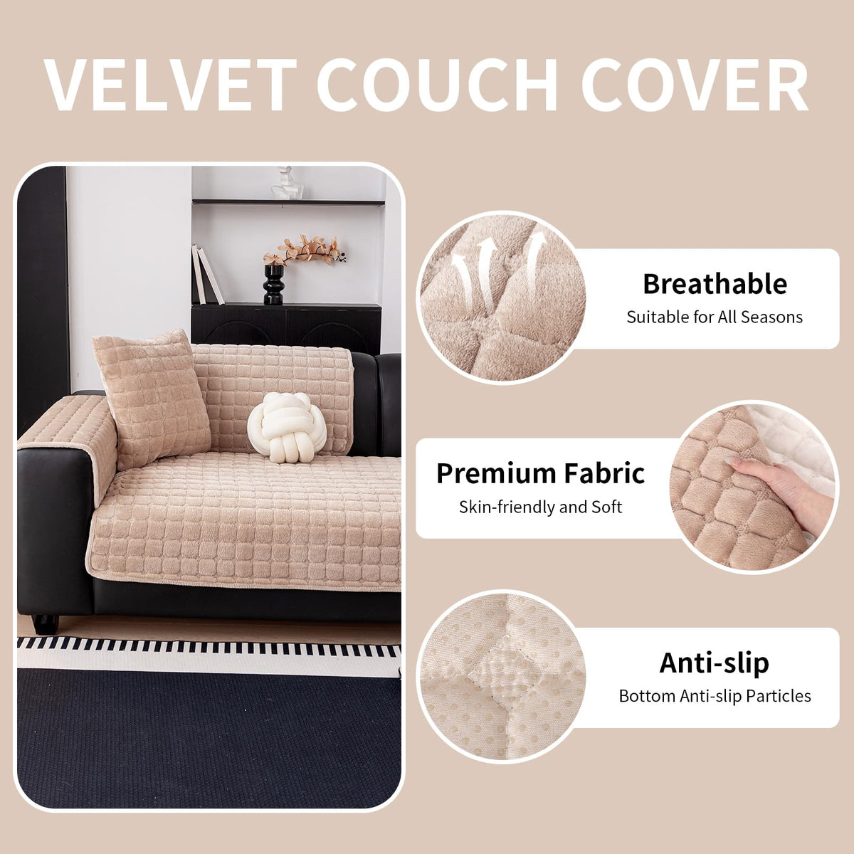 MDSASFD Velvet Couch Cover showing anti-slip back for stable fit on sofa
