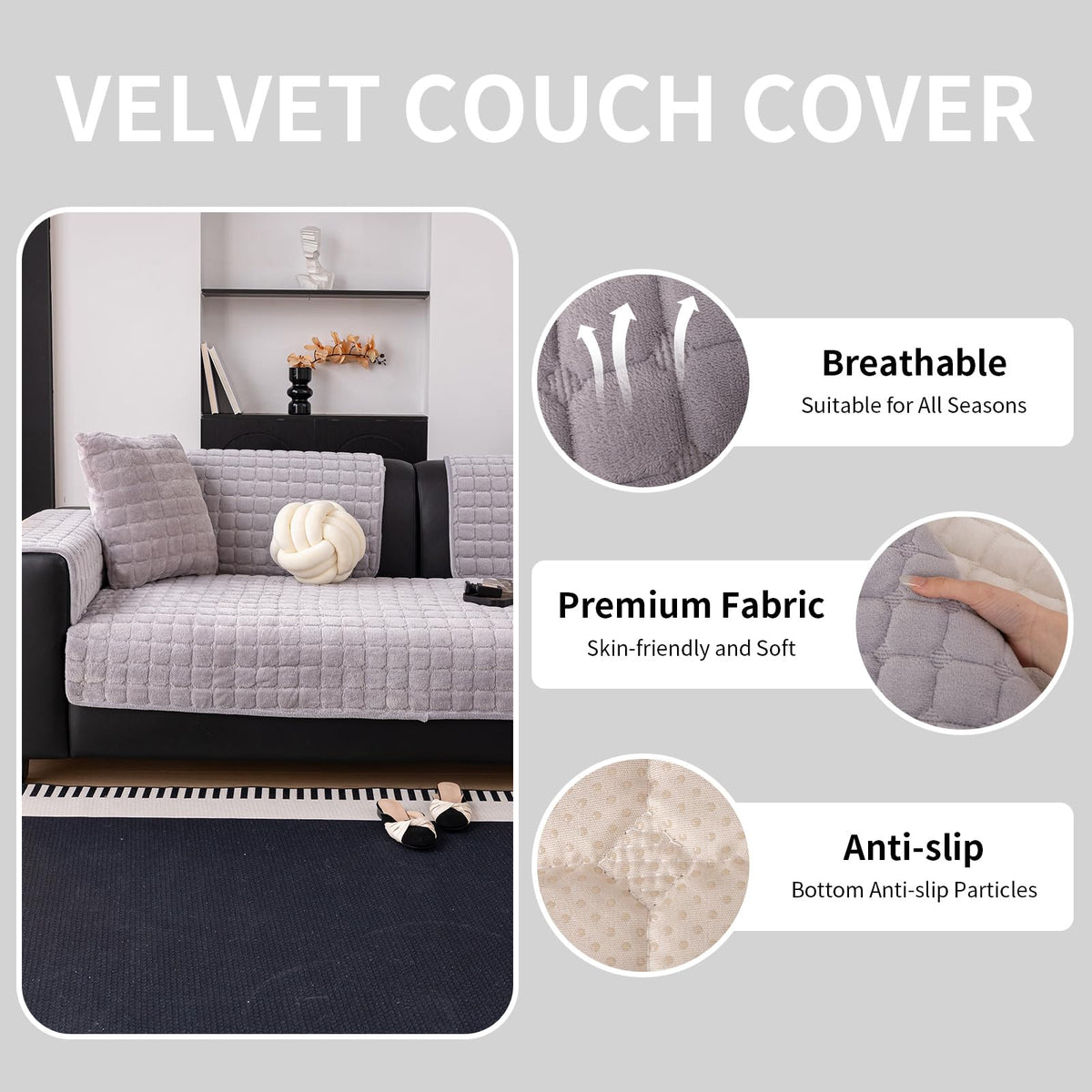 MDSASFD velvet couch cover back view shows anti-slip silicone for stable seating.