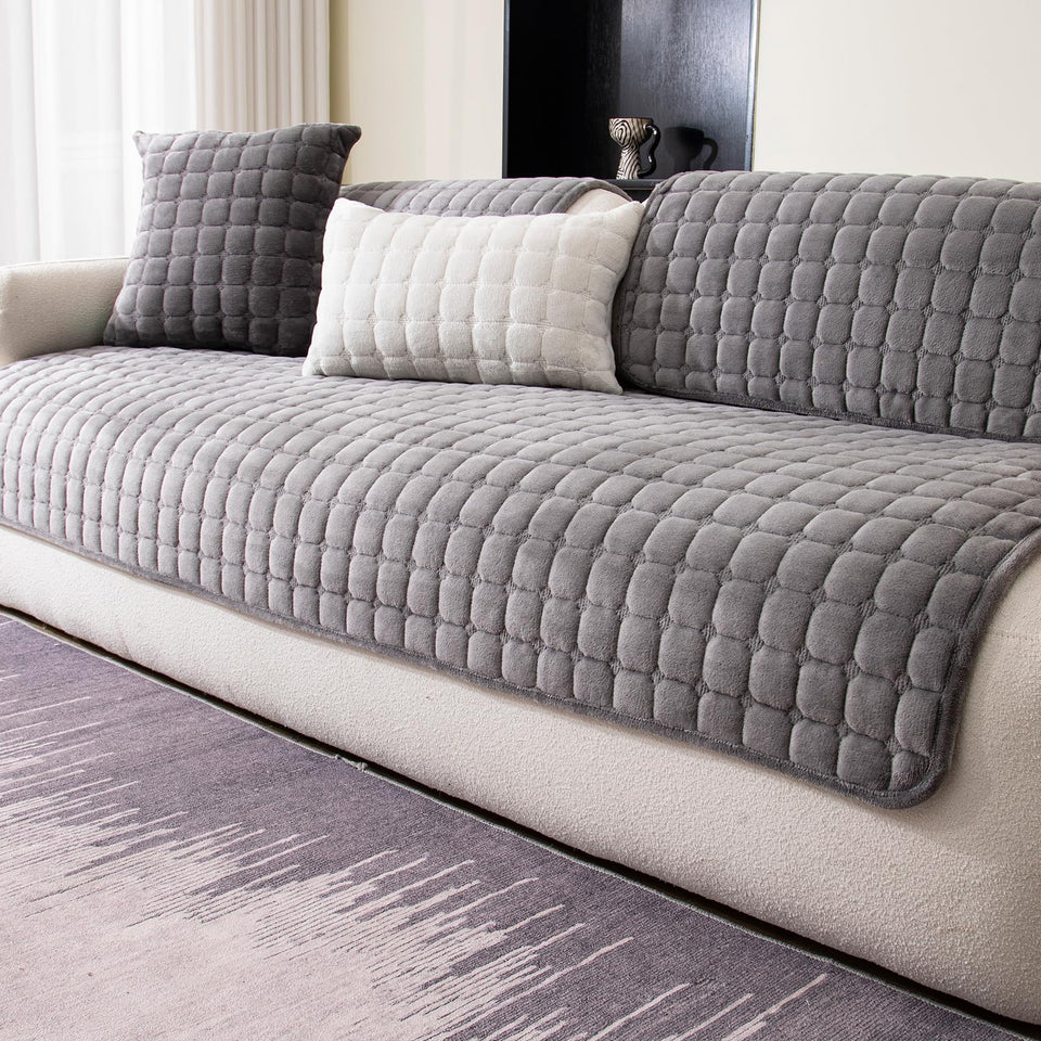 MDSASFD velvet couch cover in dark grey — front view protects against spills.