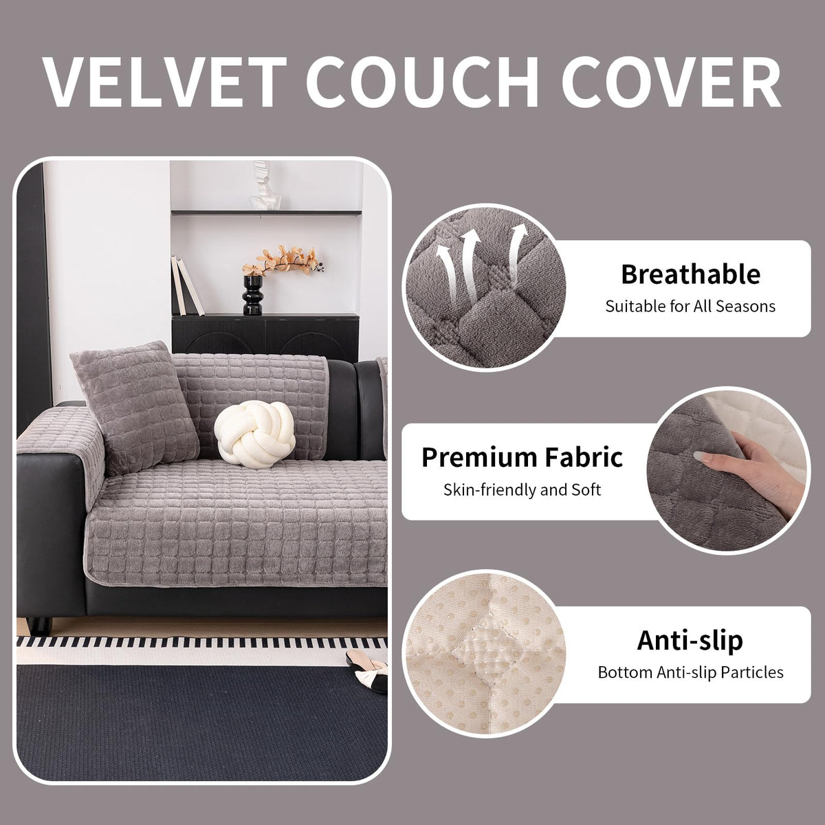 MDSASFD velvet couch cover in dark grey — side view shows anti-slip backing for stability.
