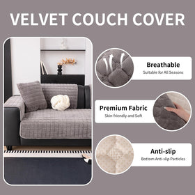 MDSASFD velvet couch cover in dark grey — side view shows anti-slip backing for stability.