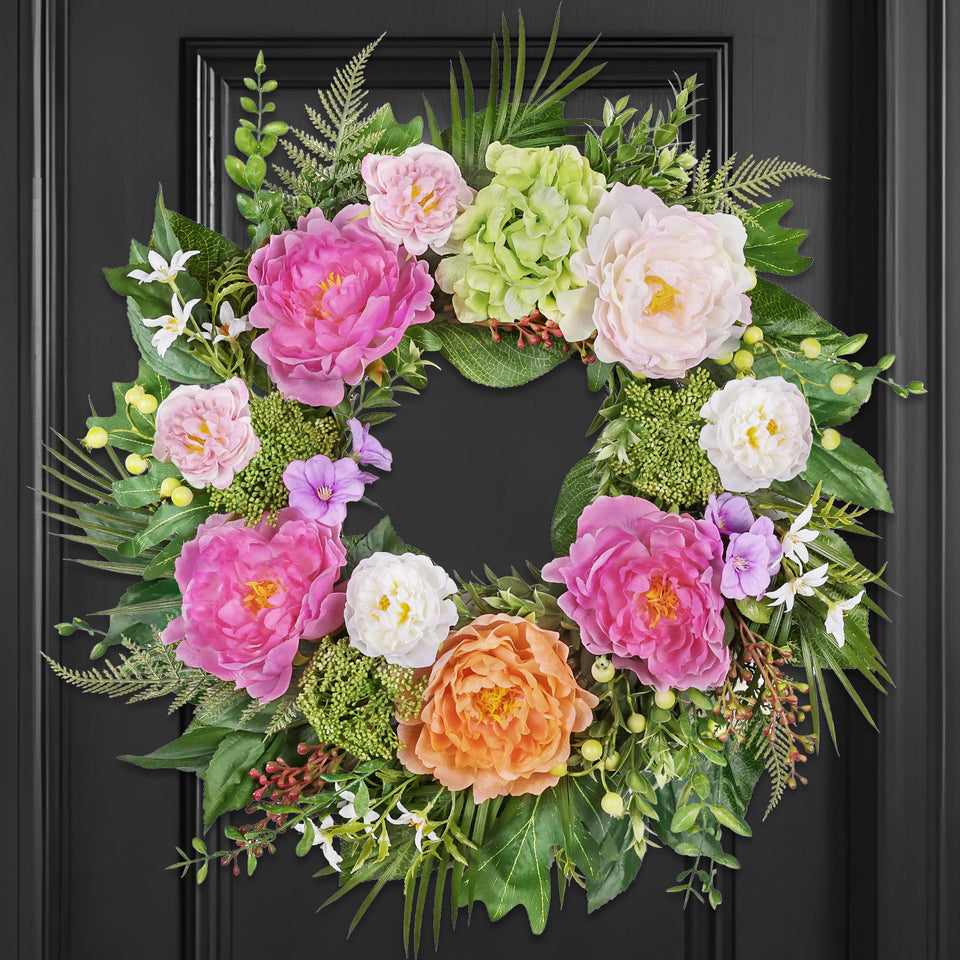 MDSTBN 24-inch wreath with peonies and hydrangeas for year-round front door decor