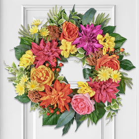 MDSTBN 24 inch wreath with silk roses and dahlias for a welcoming front door