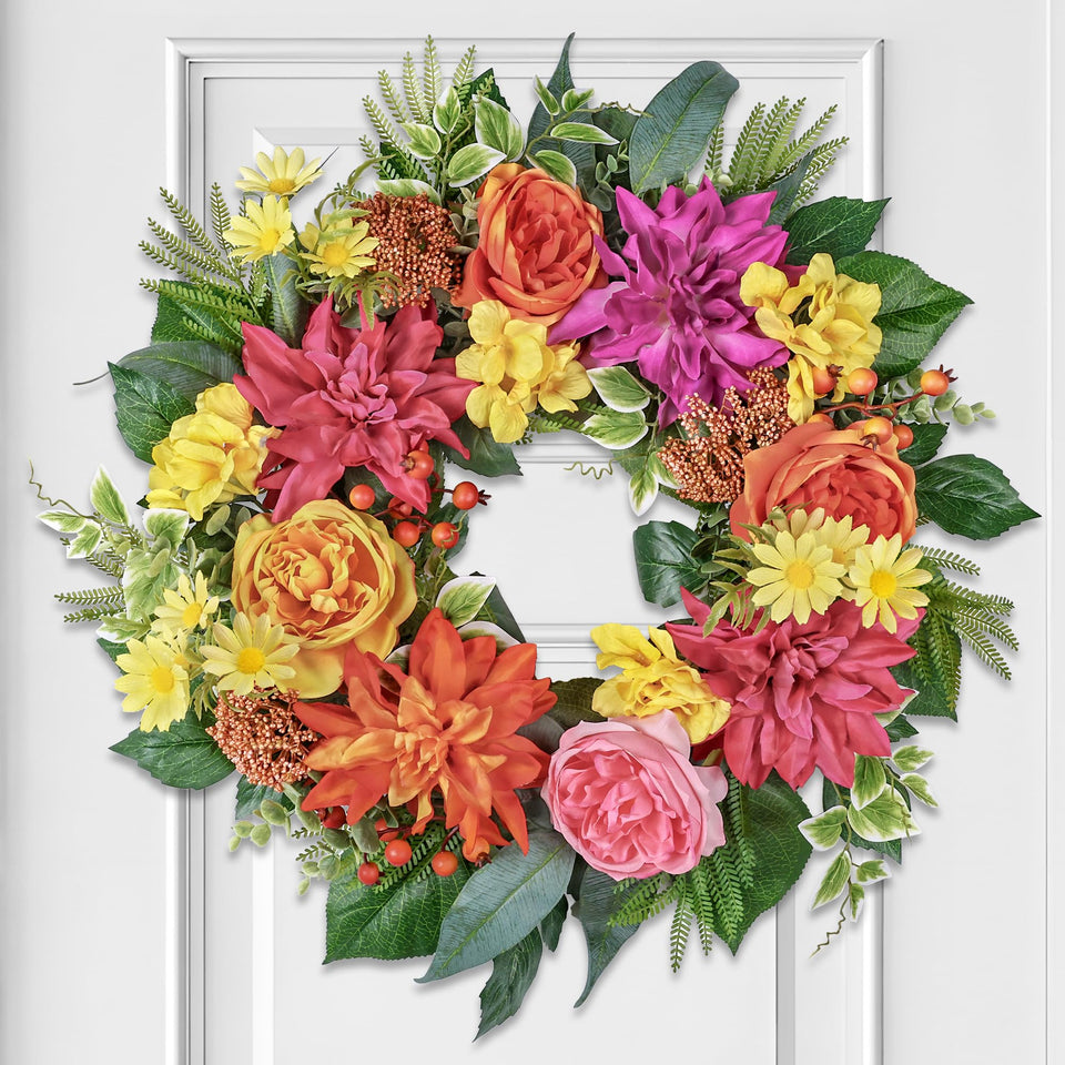 MDSTBN 24 inch wreath with silk roses and dahlias for a welcoming front door