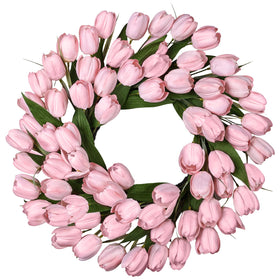 MDSTBN 24-inch pink tulip silk wreath on front door enhances curb appeal