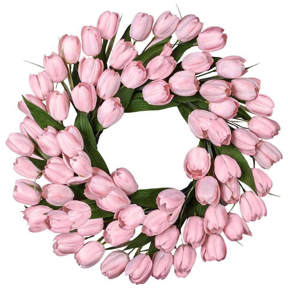 MDSTBN 24-inch pink tulip silk wreath on front door enhances curb appeal