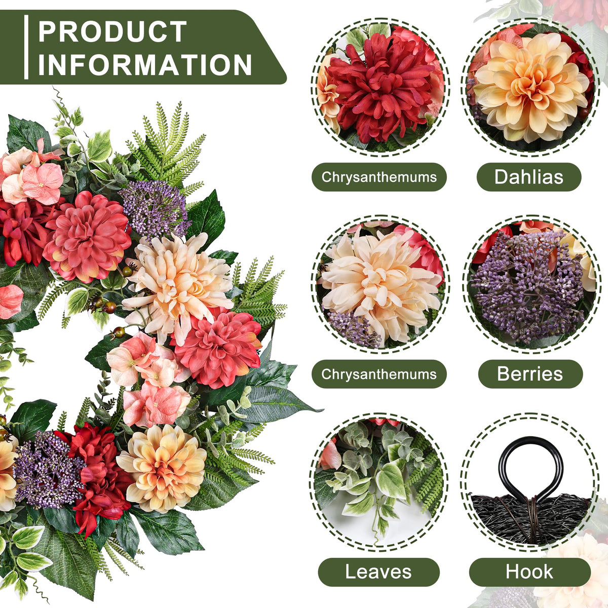 MDSTBN 24-inch wreath with dahlias adds bold porch color