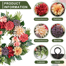 MDSTBN 24-inch wreath with dahlias adds bold porch color