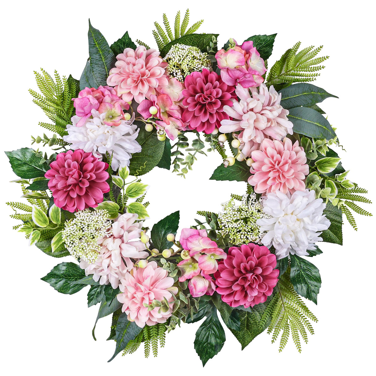 MDSTBN 24-inch wreath with hydrangeas, dahlias, and daisies for a vibrant front-door welcome.