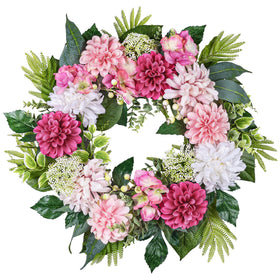 MDSTBN 24-inch wreath with hydrangeas, dahlias, and daisies for a vibrant front-door welcome.
