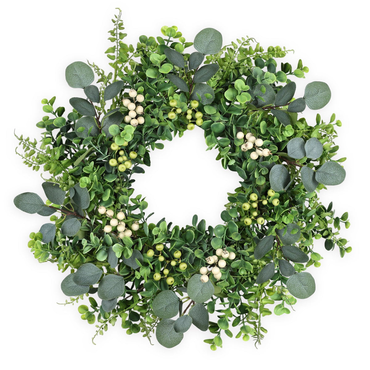 MDSTBN 26-inch eucalyptus wreath on front door adds seasonal curb appeal.