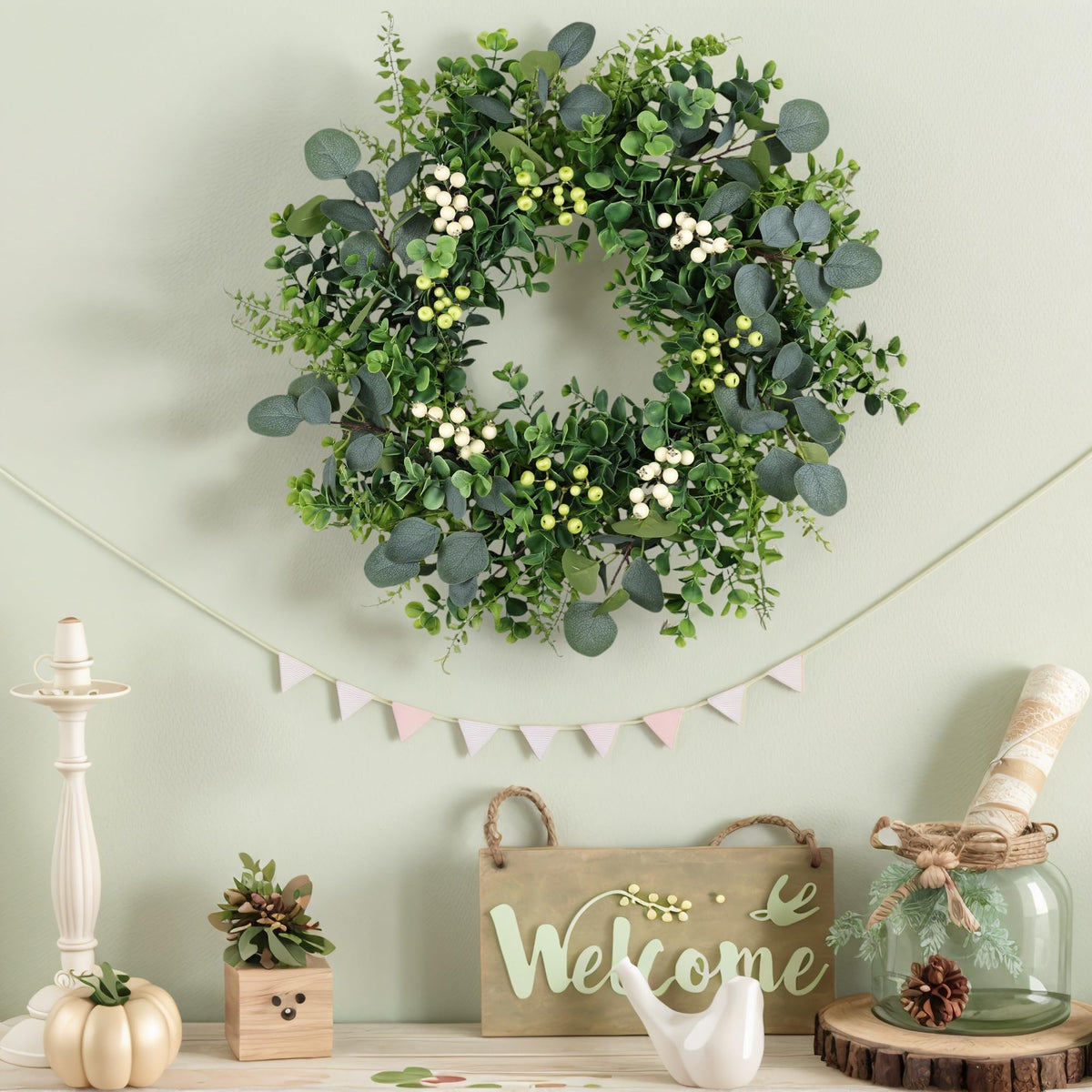 MDSTBN full dense wreath design enhances door décor with presence.
