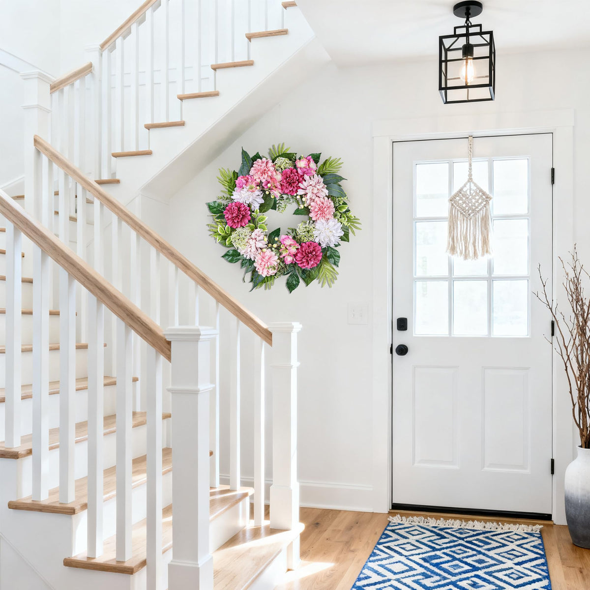 MDSTBN ready-to-hang wreath fluffs quickly for immediate display.