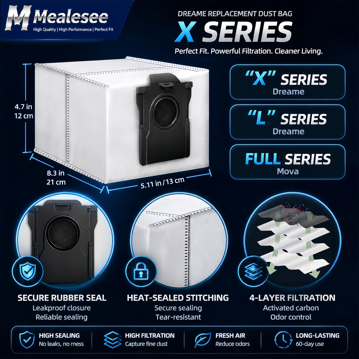 Mealesee large-capacity 3.2L dust bags extend use between changes with a strong seal.