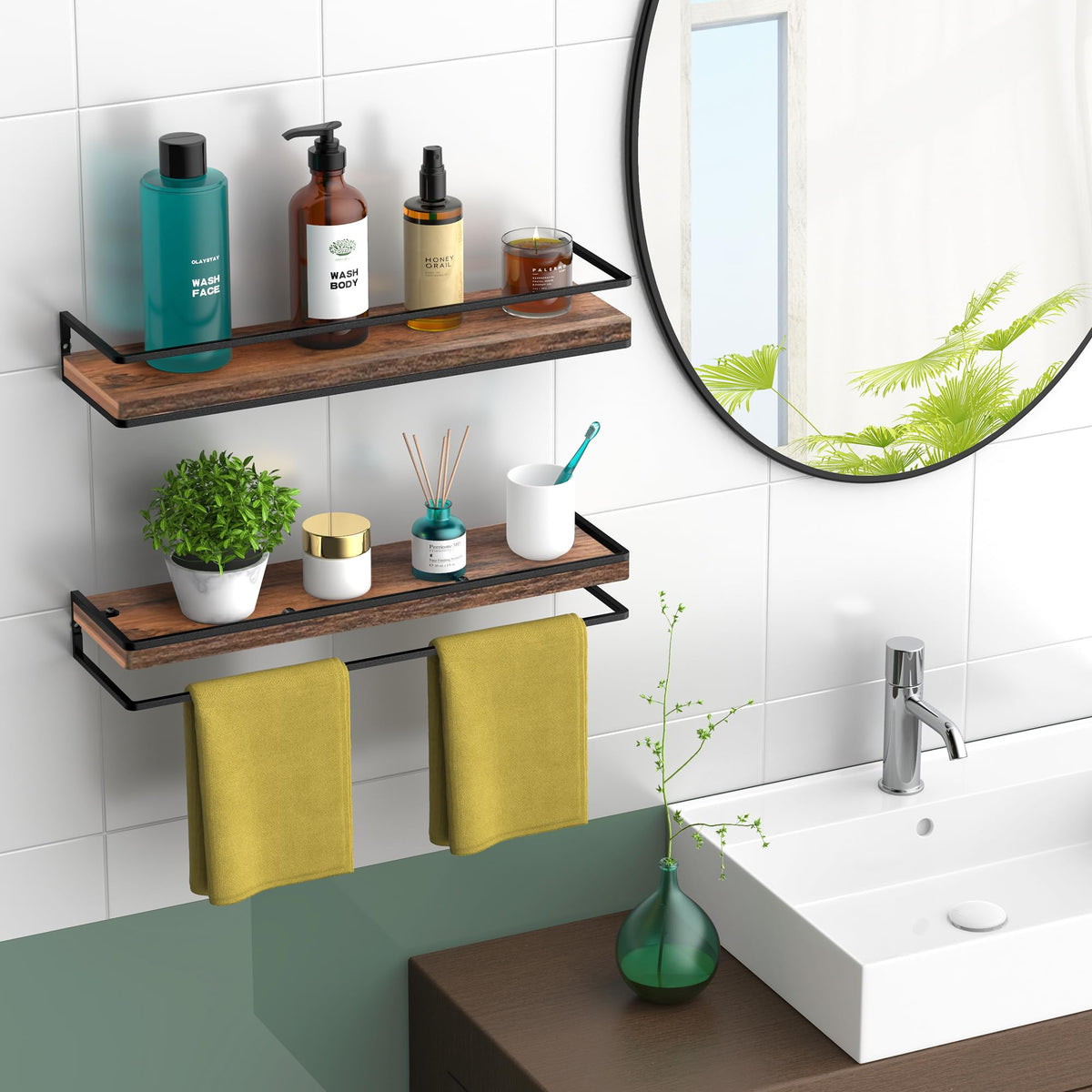 Meangood bathroom floating shelf helping organize skincare and toiletries