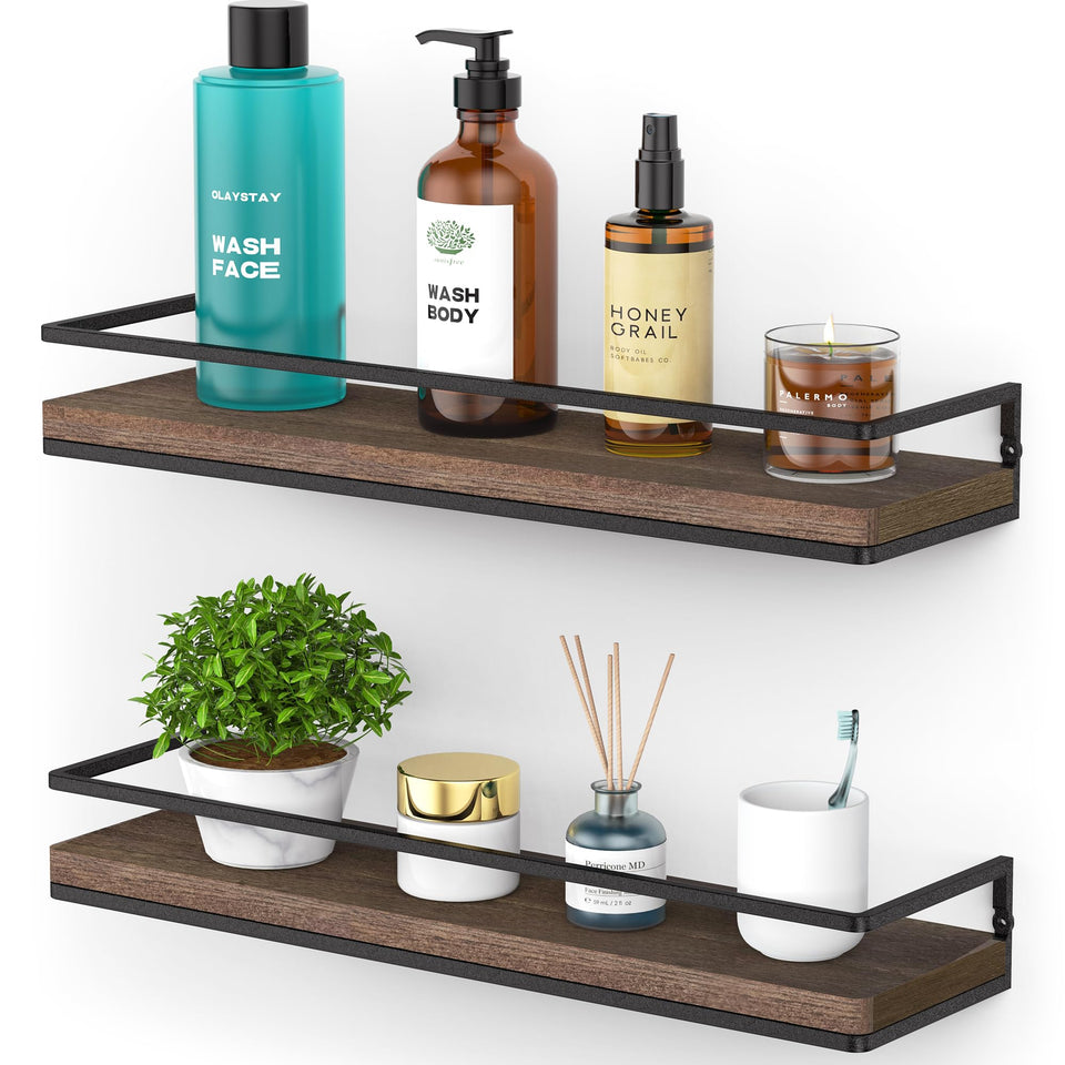 Meangood floating shelves set2 brown wood wall provide sturdy storage with rustic charm.