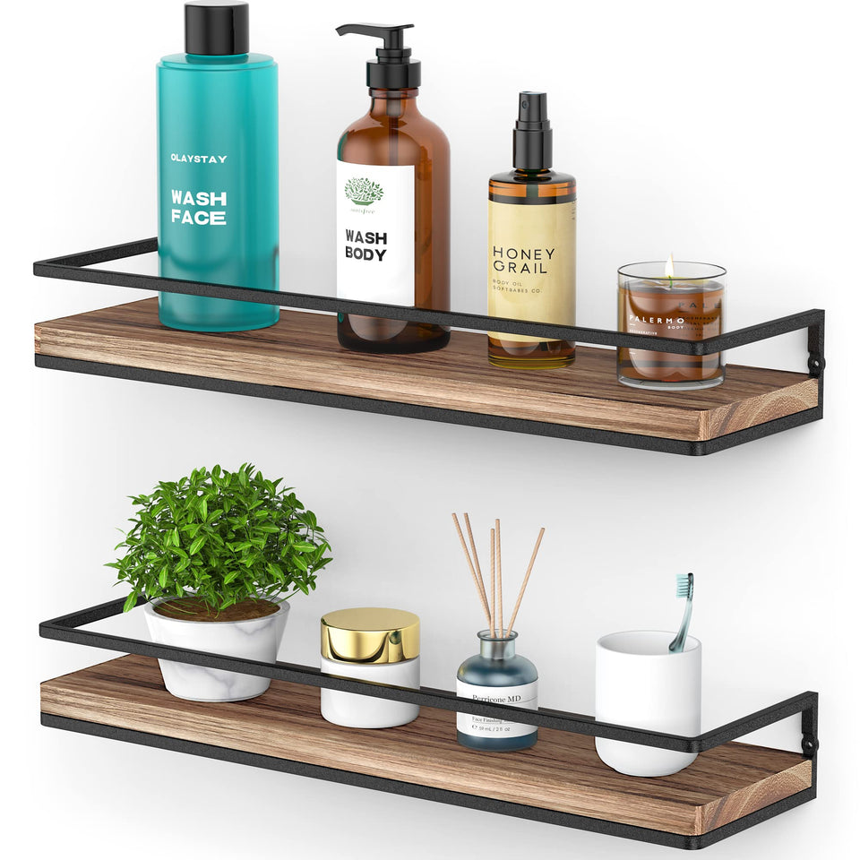 Meangood floating shelves in torched wood offer sturdy wall storage for clutter-free spaces