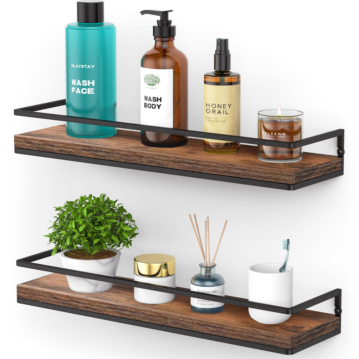 Meangood floating shelves wall-mounted set of 2 in rustic wood for stylish storage and display