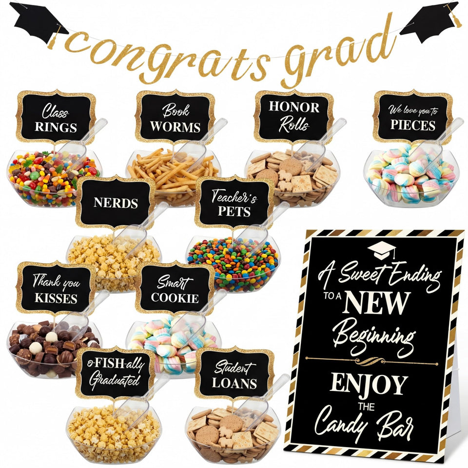 Meanplan 34-pcs graduation candy bar labels for a polished candy buffet.