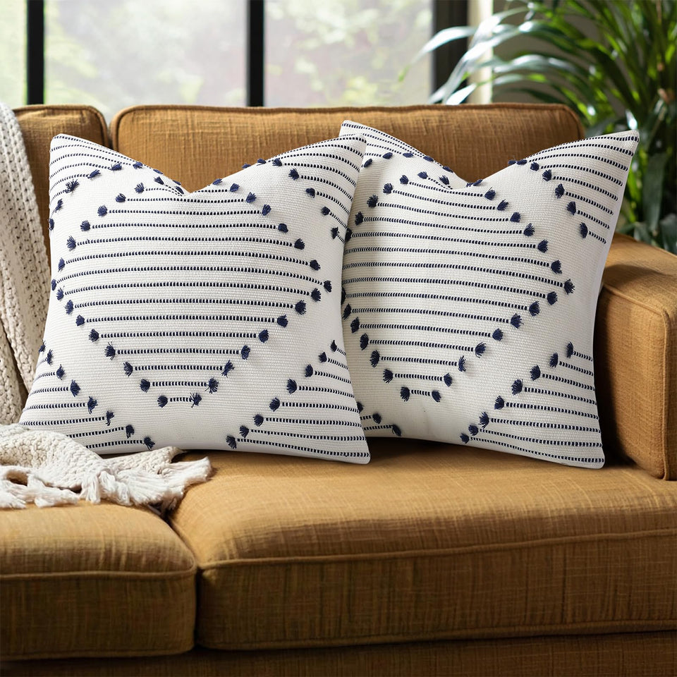 Mecatny Boho pillow cover in navy-cream tassels adds outdoor warmth.