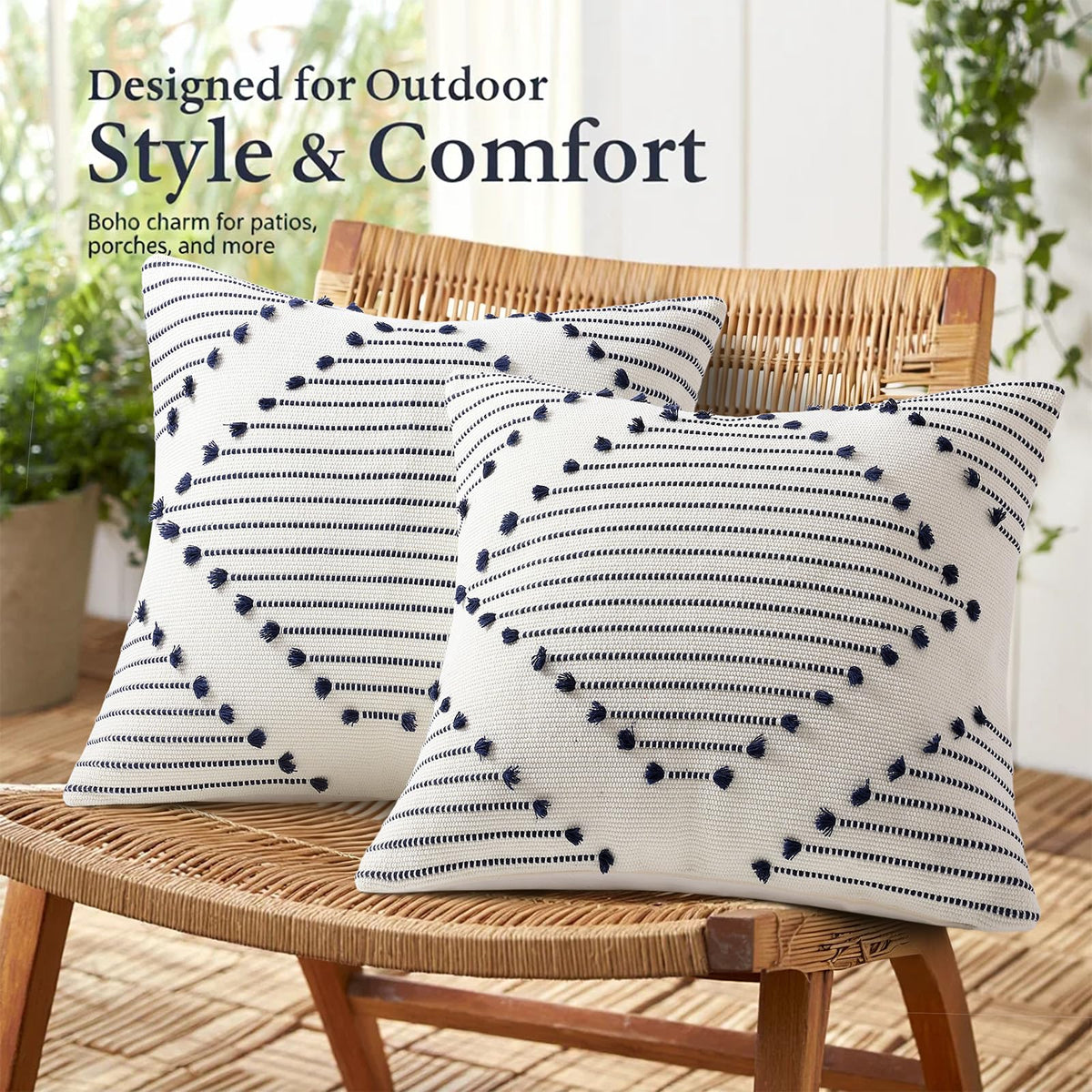 Mecatny Boho pillow cover shows navy tassel detail for stylish outdoor accents.