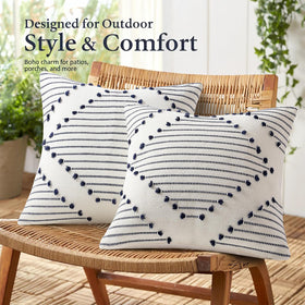 Mecatny Boho pillow cover shows navy tassel detail for stylish outdoor accents.