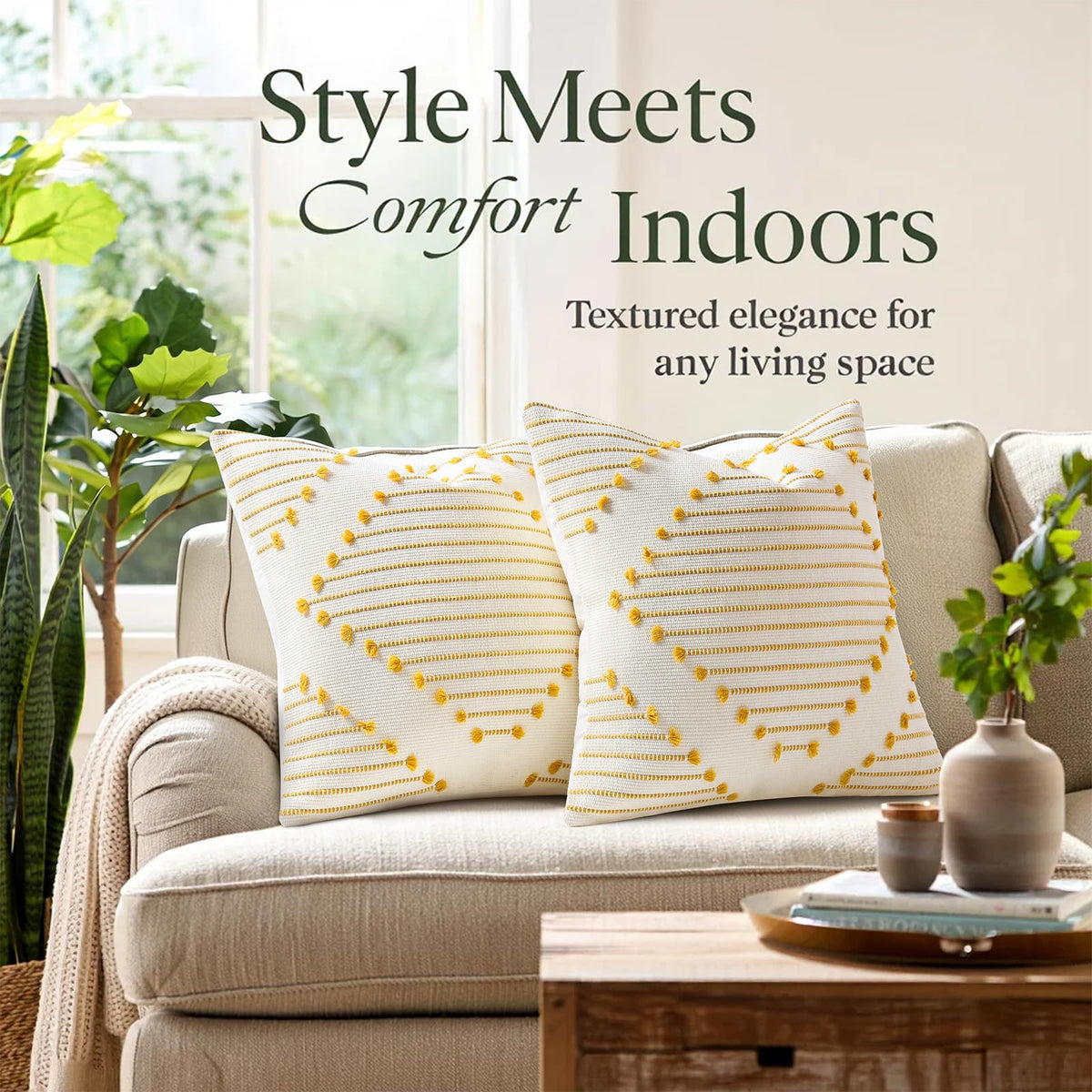Mecatny Boho pillow cover tassel detail adds texture to sofa styling.