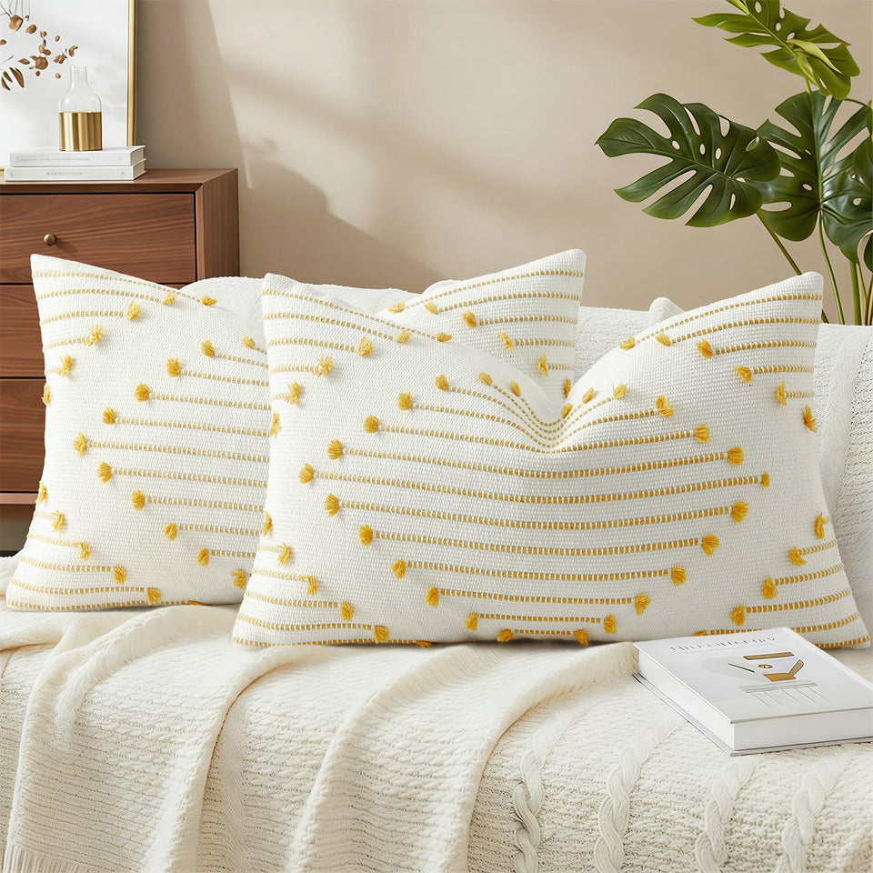 Mecatny Boho Summer pillow cover front view with yellow tassels for bright decor.