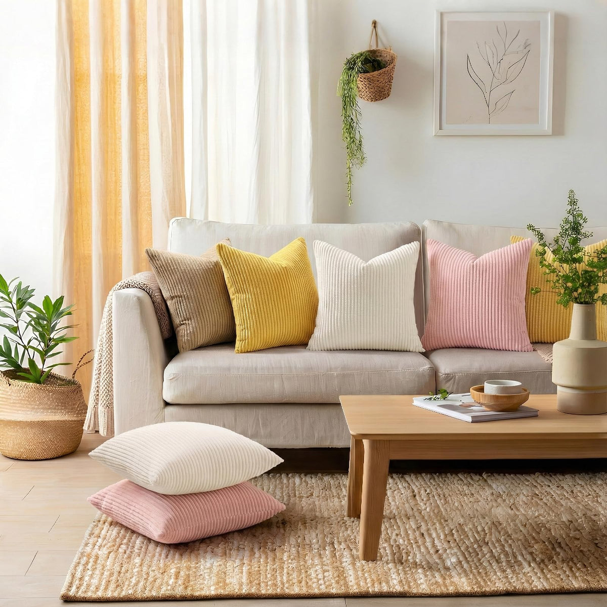 Cream white Mecatny pillow cover with corduroy texture elevates living room decor.