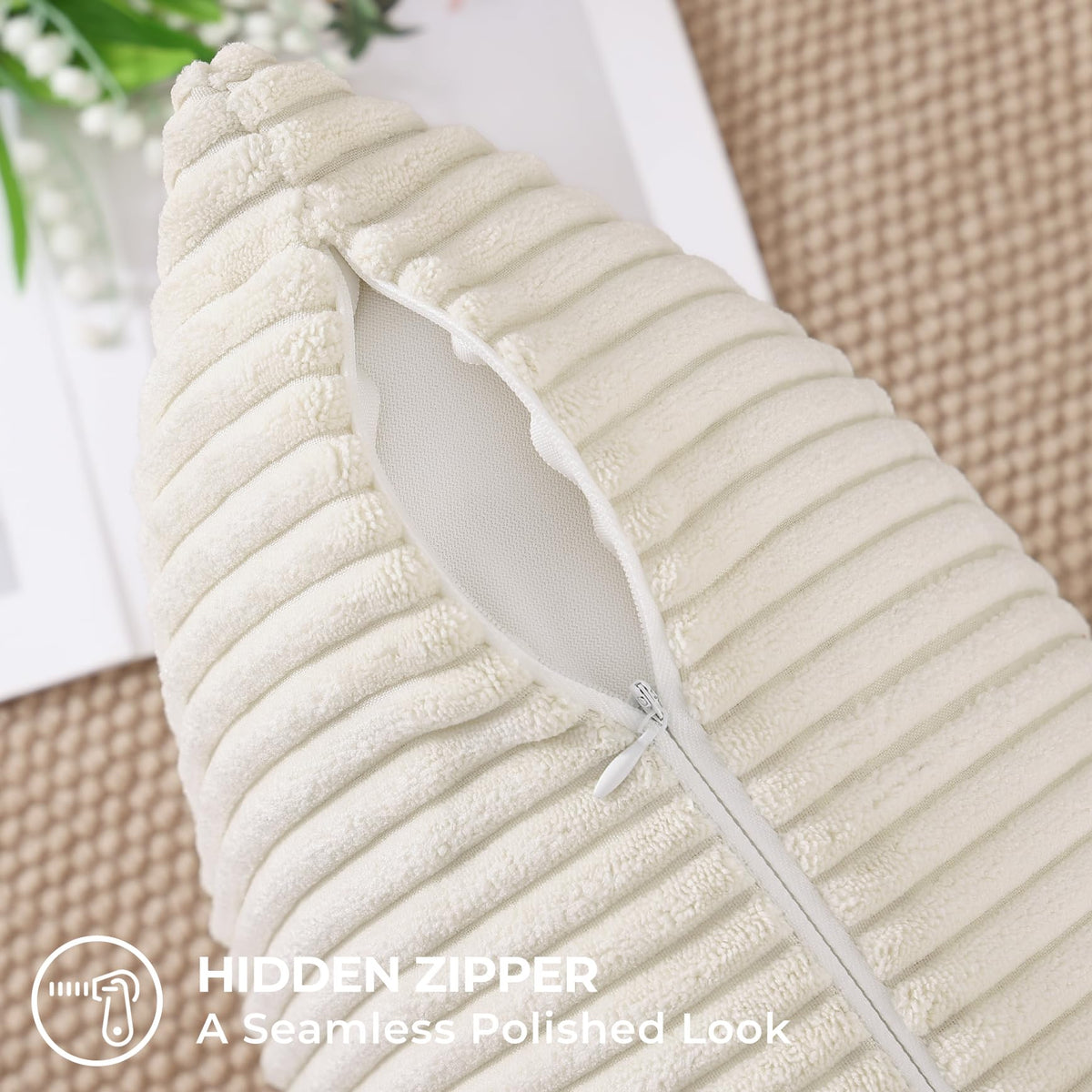 Soft cream white Mecatny pillow cover enhances bed and couch styling.