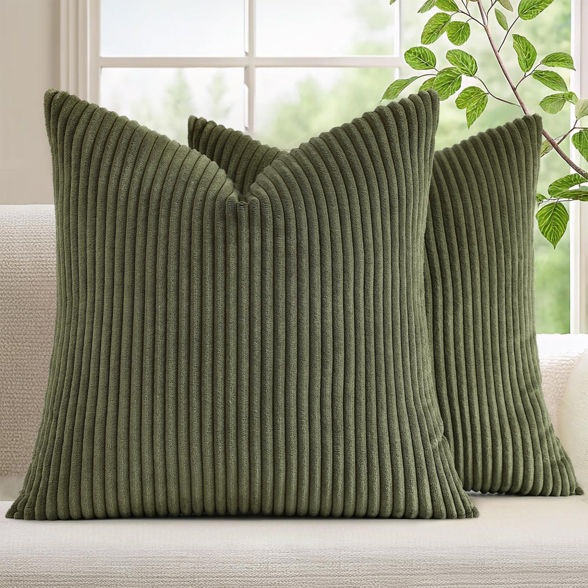 Mecatny corduroy pillow cover in olive green texture for cozy sofa styling.