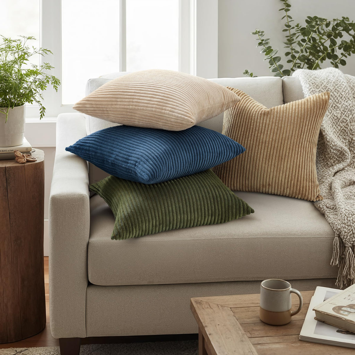 Mecatny corduroy pillow cover olive green color showcased on a neutral sofa.