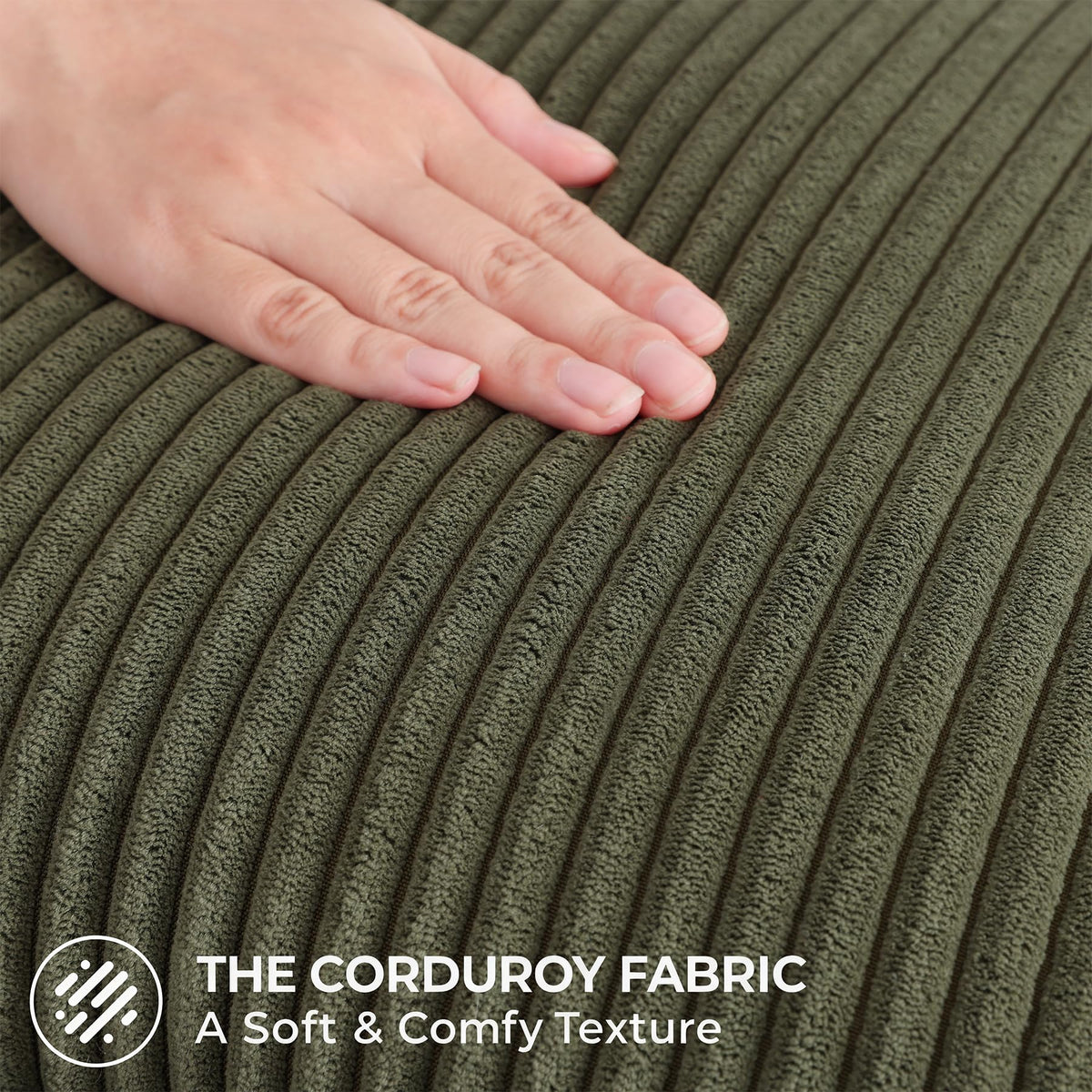 Mecatny hidden zipper detail on olive green cover delivers clean silhouette.