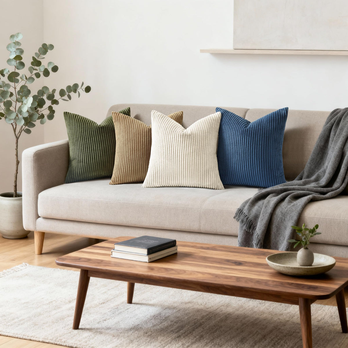 Mecatny hidden zipper pillow cover in olive green for seamless living room look.