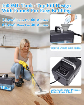 Mecmic steam cleaner six-level control allows gentler to tougher cleaning.