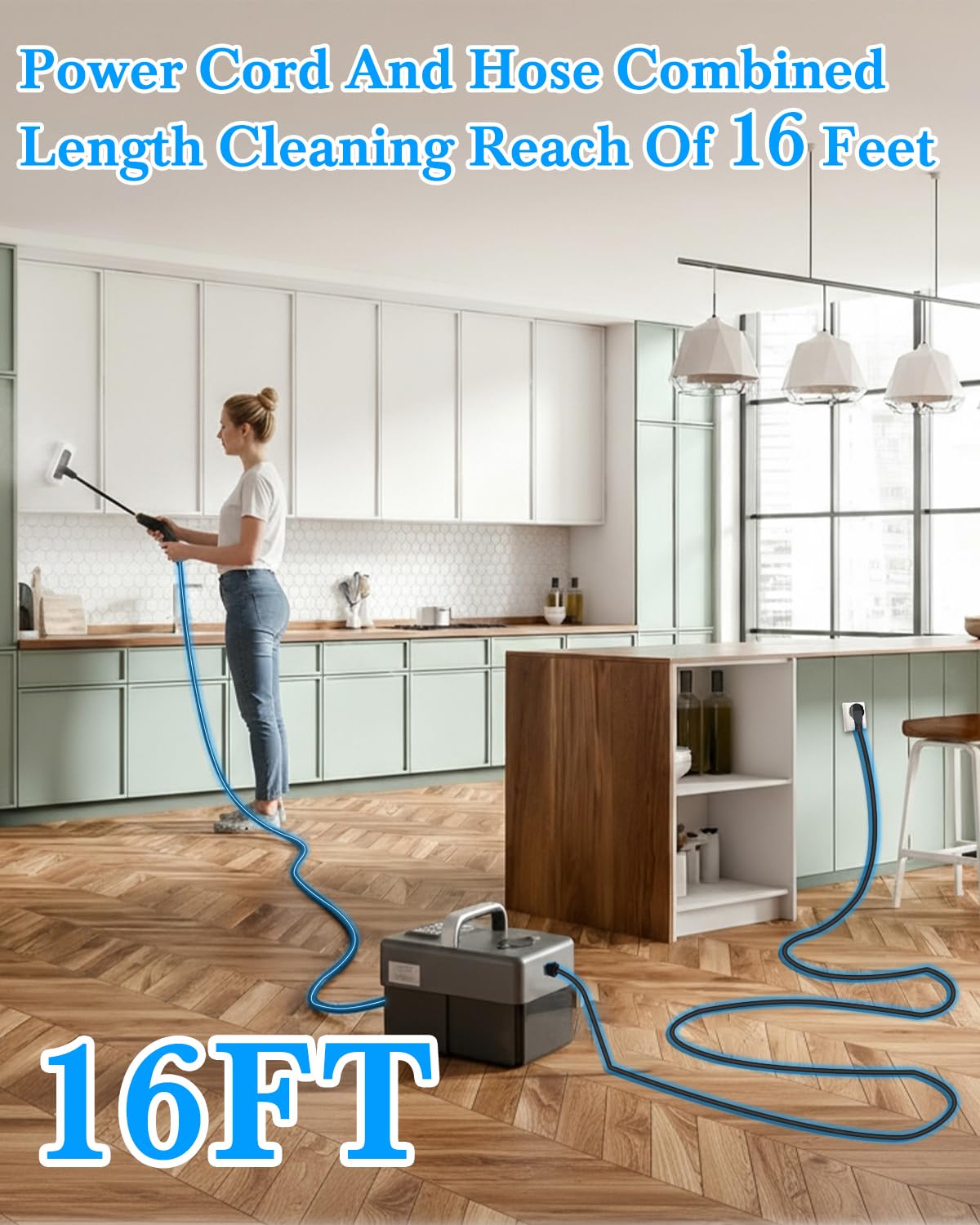 Mecmic steam cleaner extended reach hose extends cleaning from floor to under furniture.