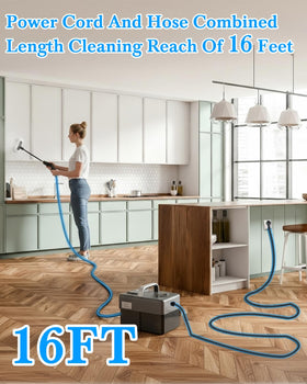 Mecmic steam cleaner extended reach hose extends cleaning from floor to under furniture.
