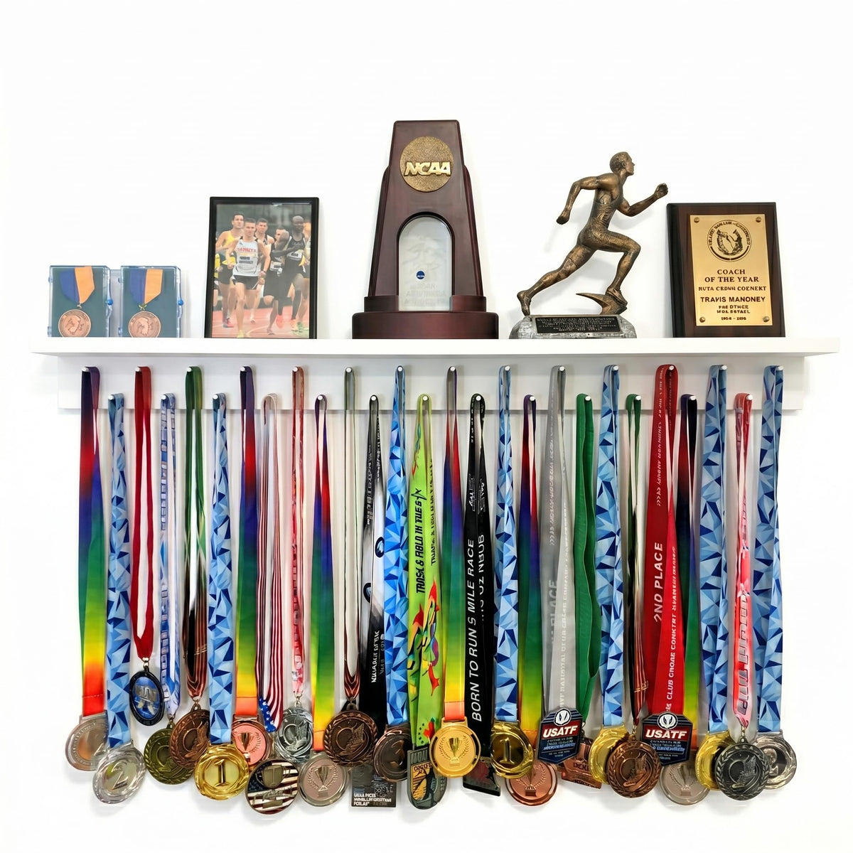 Medal Awards Rack 3ft wall display with pegs for organized medals.