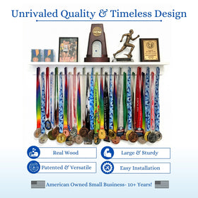 Dual-groove shelf holds cased medals beside lanyard medals on the Medal Awards Rack.