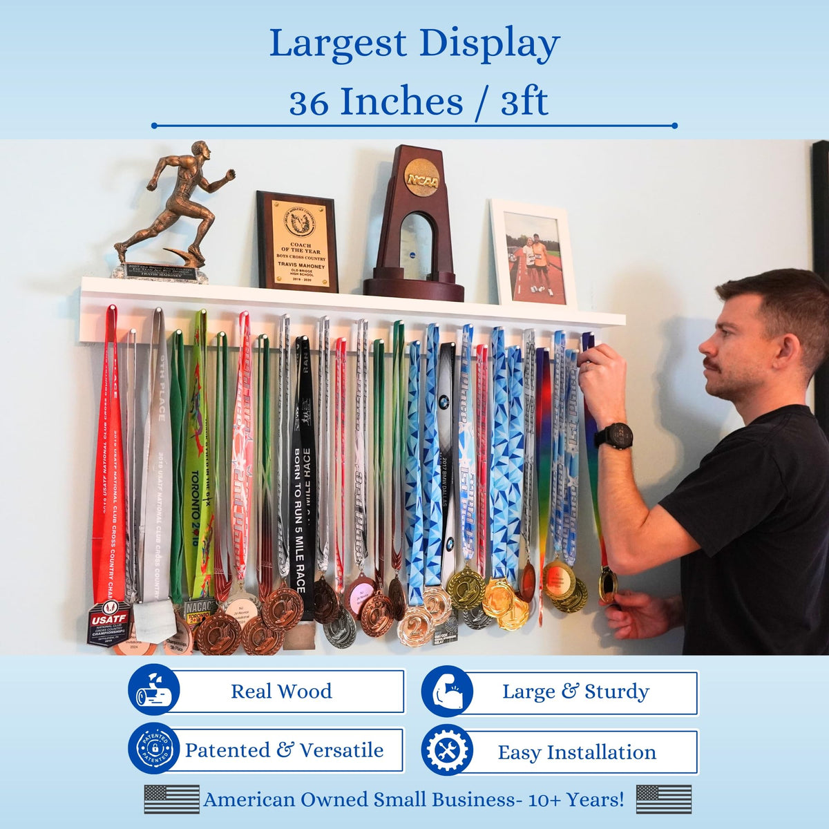 Versatile Medal Awards Rack suited for runners, gymnasts, cheer teams, and martial artists.