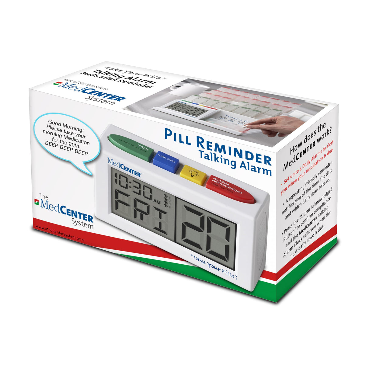 MedCenter Talking Alarm Clock back view highlights large display for quick readability.