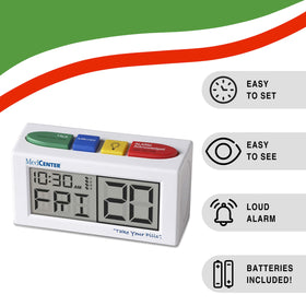 MedCenter Talking Alarm Clock display with clear digits and date at a glance.